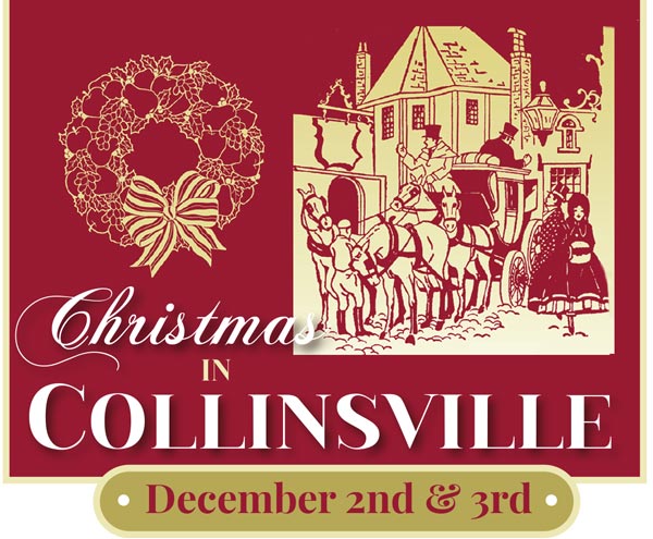 Drawing of Victorian era horse drawn carriage and the words Christmas in Collinsville.