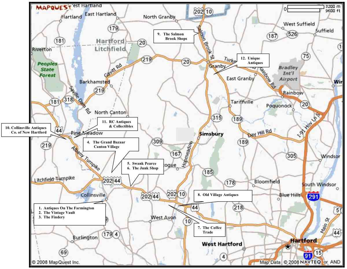 Map of Antique Shops in the Farmington Valley, CT.