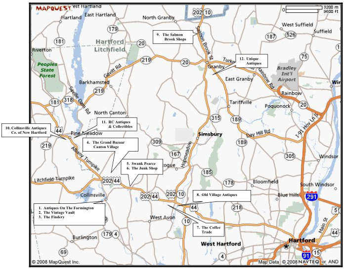 Map of Antique Shops in the Farmington Valley, CT.